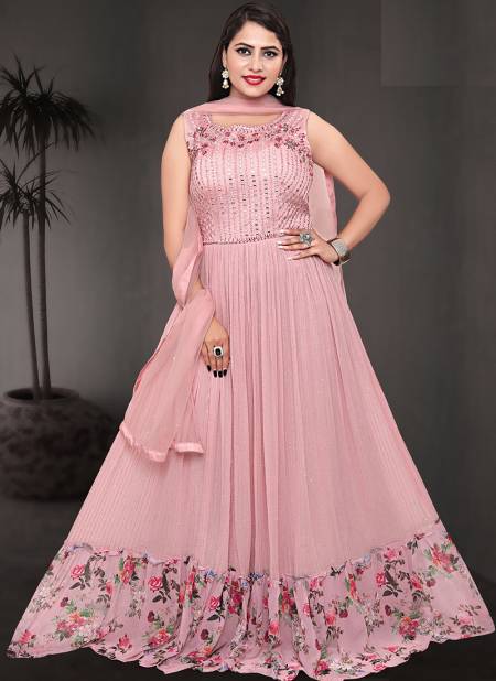 N F GOWN 21 Fancy Festive Wear Rayon Printed Long Gown With Dupatta collection N F G 721 PEACH